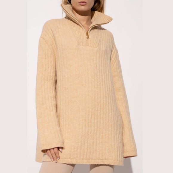 Nanushka Oversized Ribbed Knit Pullover Sweater Beige Stand Up Collar Sz Small - Picture 2 of 12